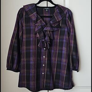 LRL Ruffled Trim Neckline Buttondown Plaid Blouse
